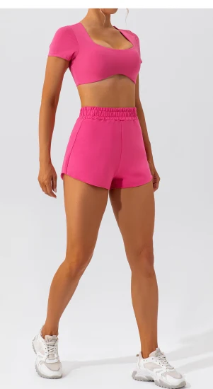 Комплект из 2 предметов для женщин, укороченный топ с короткими рукавами и шорты, летний комплект, повседневная спортивная одежда для йоги